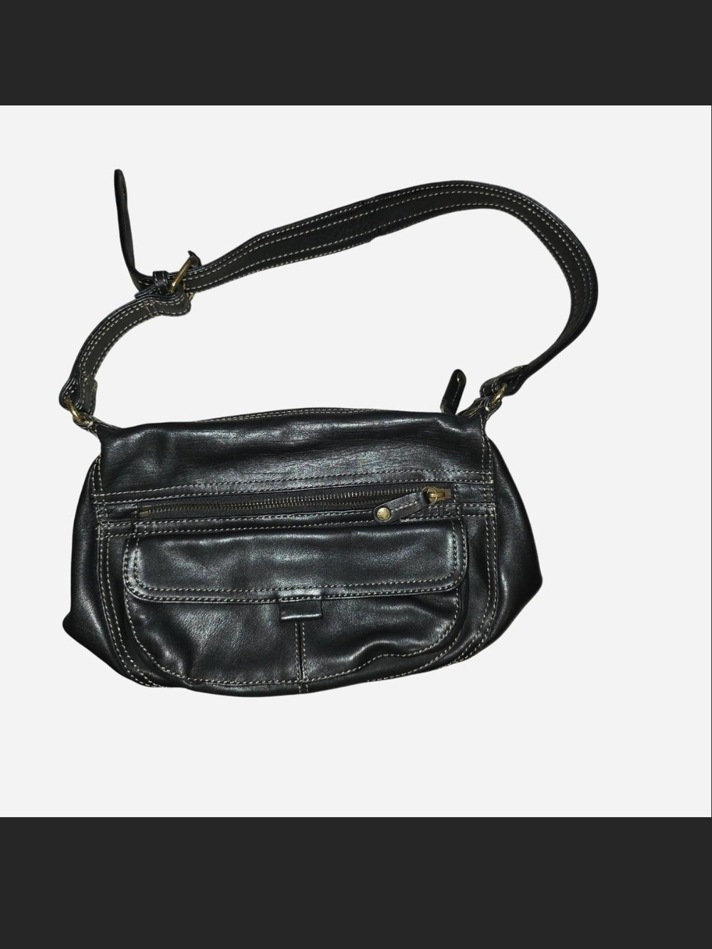 FOSSIL Black Leather Shoulder Bag with Front Flap Pocket